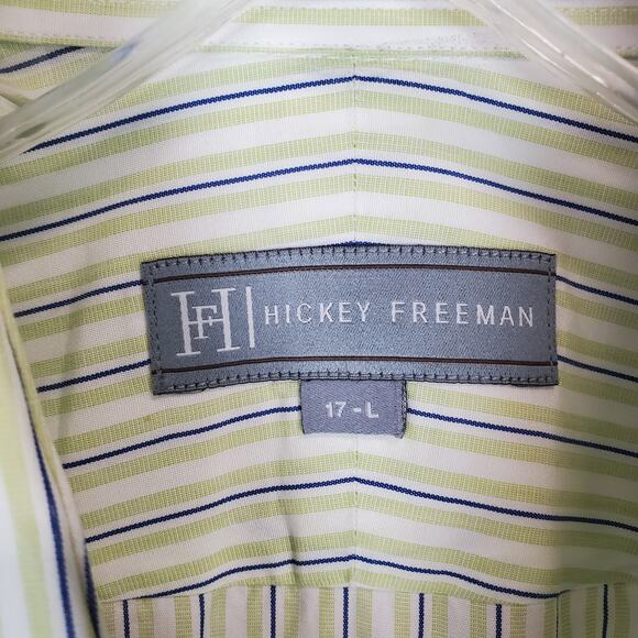 Hickey Freeman Green White Blue Striped Long Sleeve Shirt Button Down Size 17- L - Picture 3 of 9